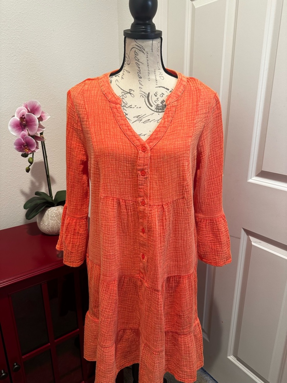 Umgee Coral-Orange Button Front Gauze Tunic